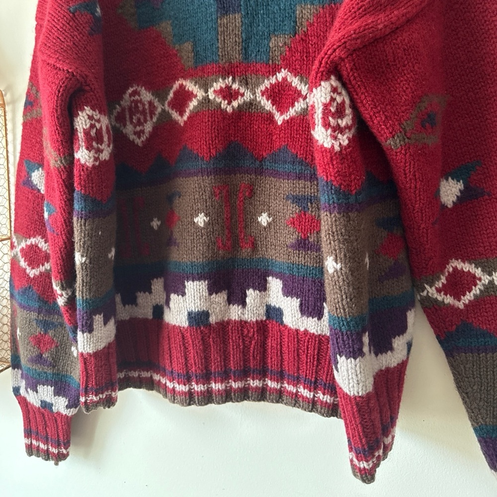 90s LL BEAN Geometric Pure New Wool Sweater Made in Hong Kong Large Grandpa Core - Picture 8 of 12